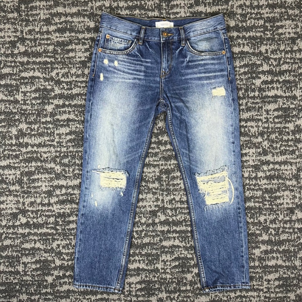 Mango Cigar Jeans Womens 4 Blue Distressed Straight Leg Medium Wash Denim